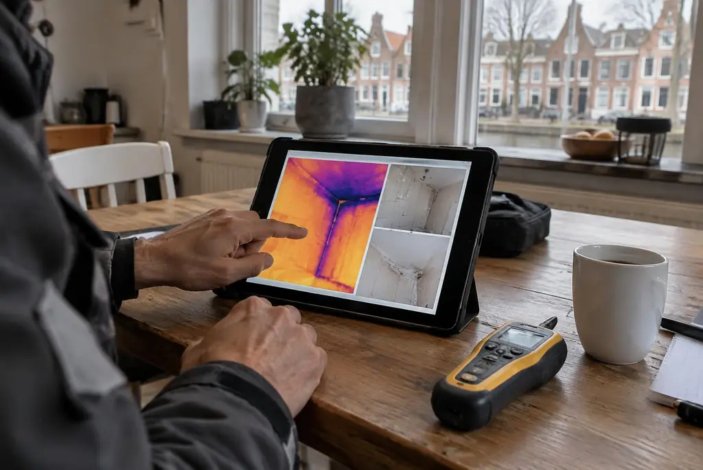 Lekdetectie De Bilt – lekdetectierapport met warmtebeelden en foto's op een tablet