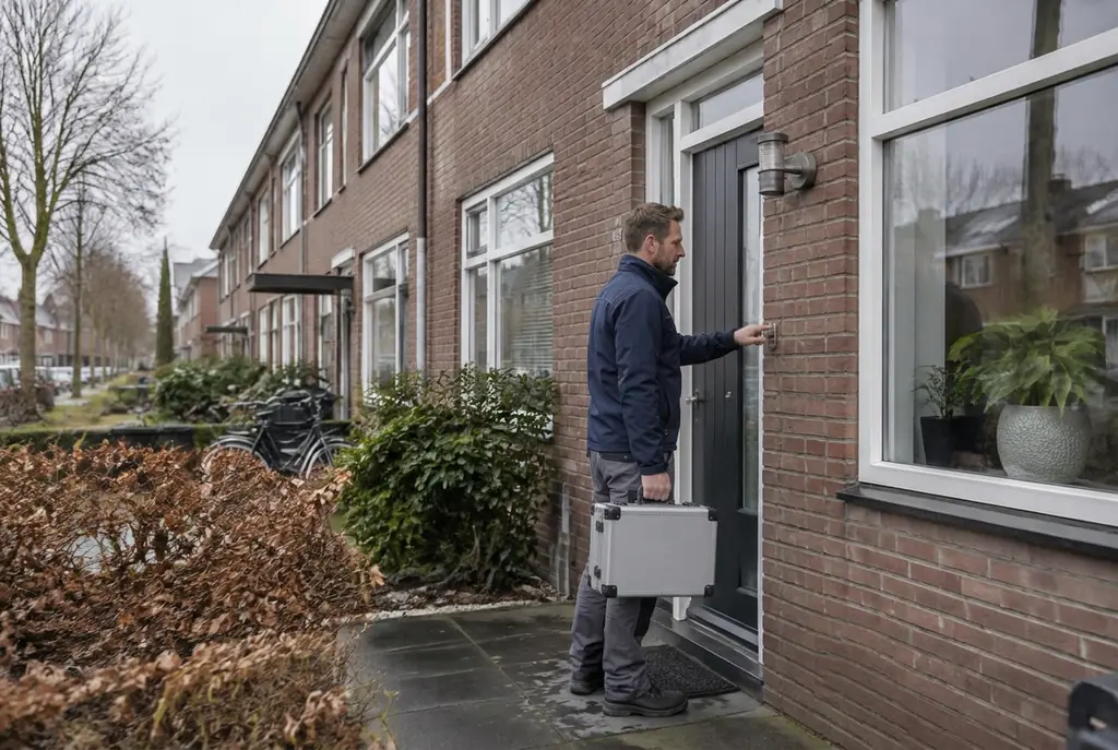 Lekdetectiespecialist met meetkoffer bij de voordeur van een woning in De Bilt